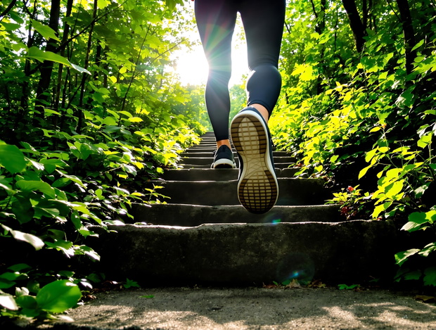 Woman Climbing Stairs in a Lush Forest Setting