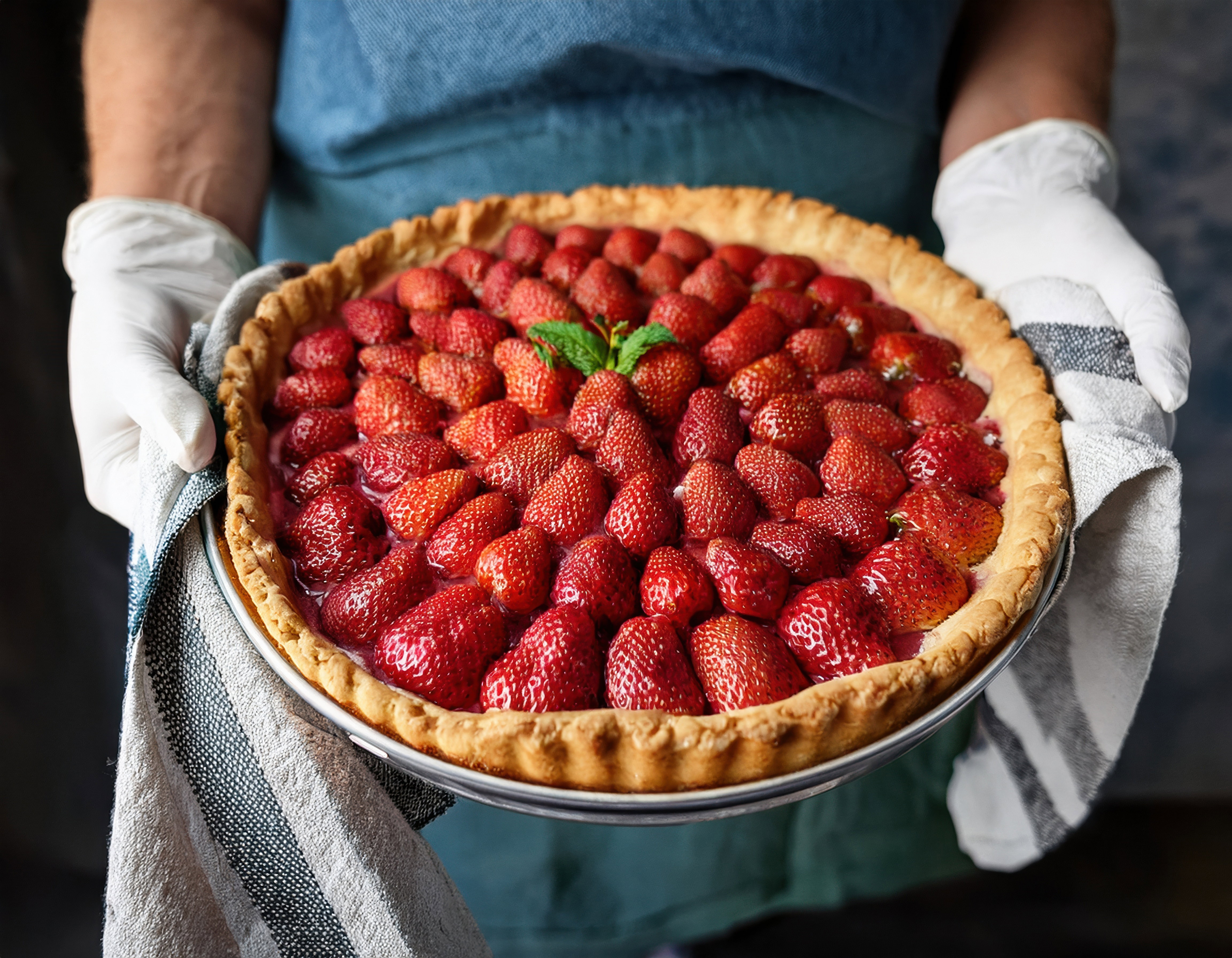 Freshly baked strawberry pie served by a person wearing gloves in a rustic kitchen