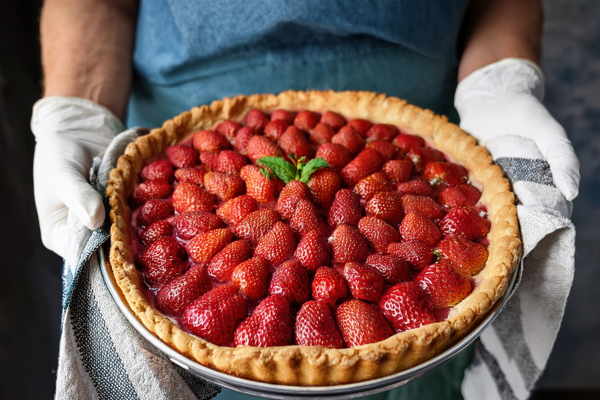 Freshly baked strawberry pie served by a person wearing gloves in a rustic kitchen