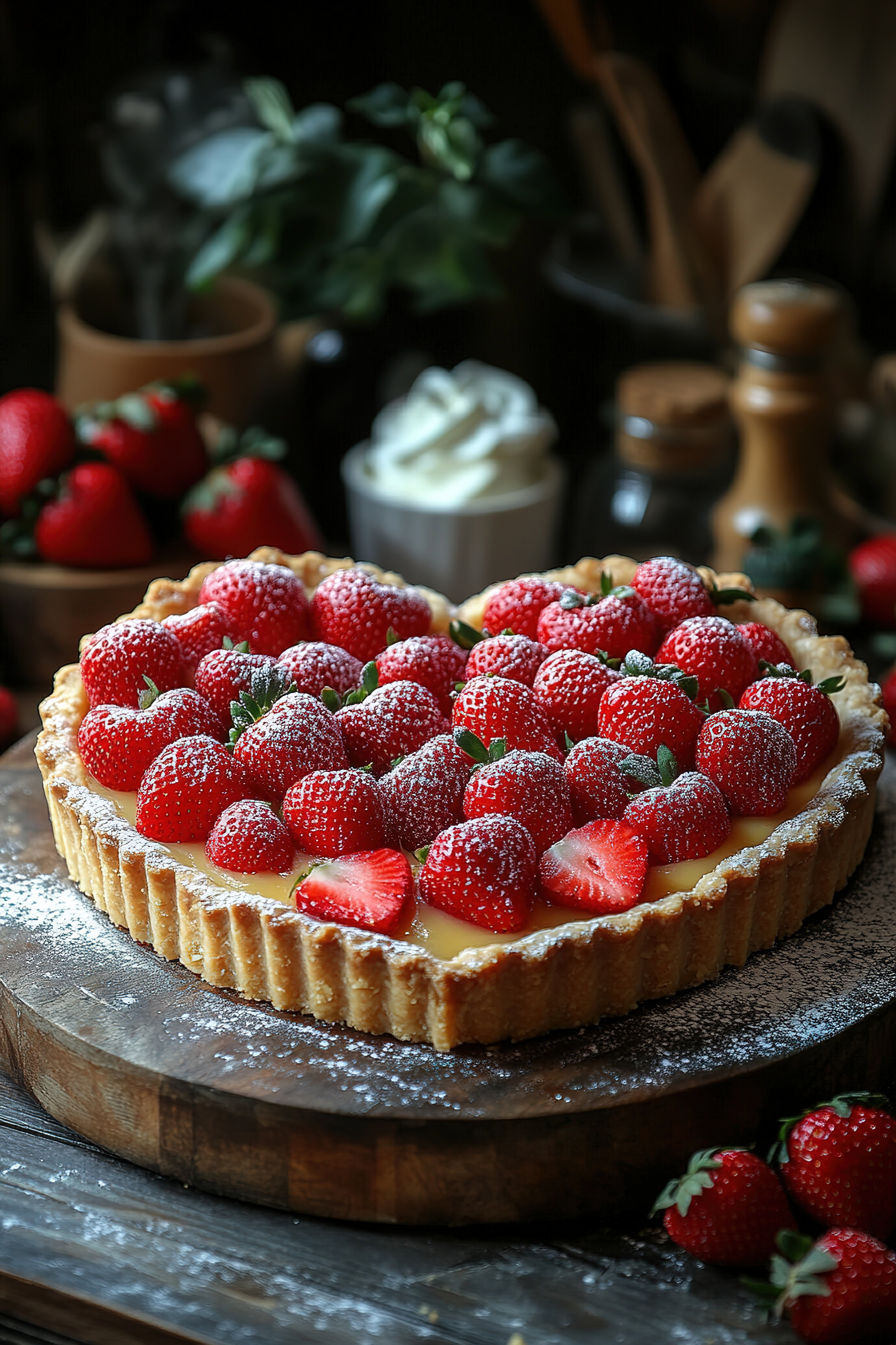 Sweet cake with strawberries on plate on grey wooden background