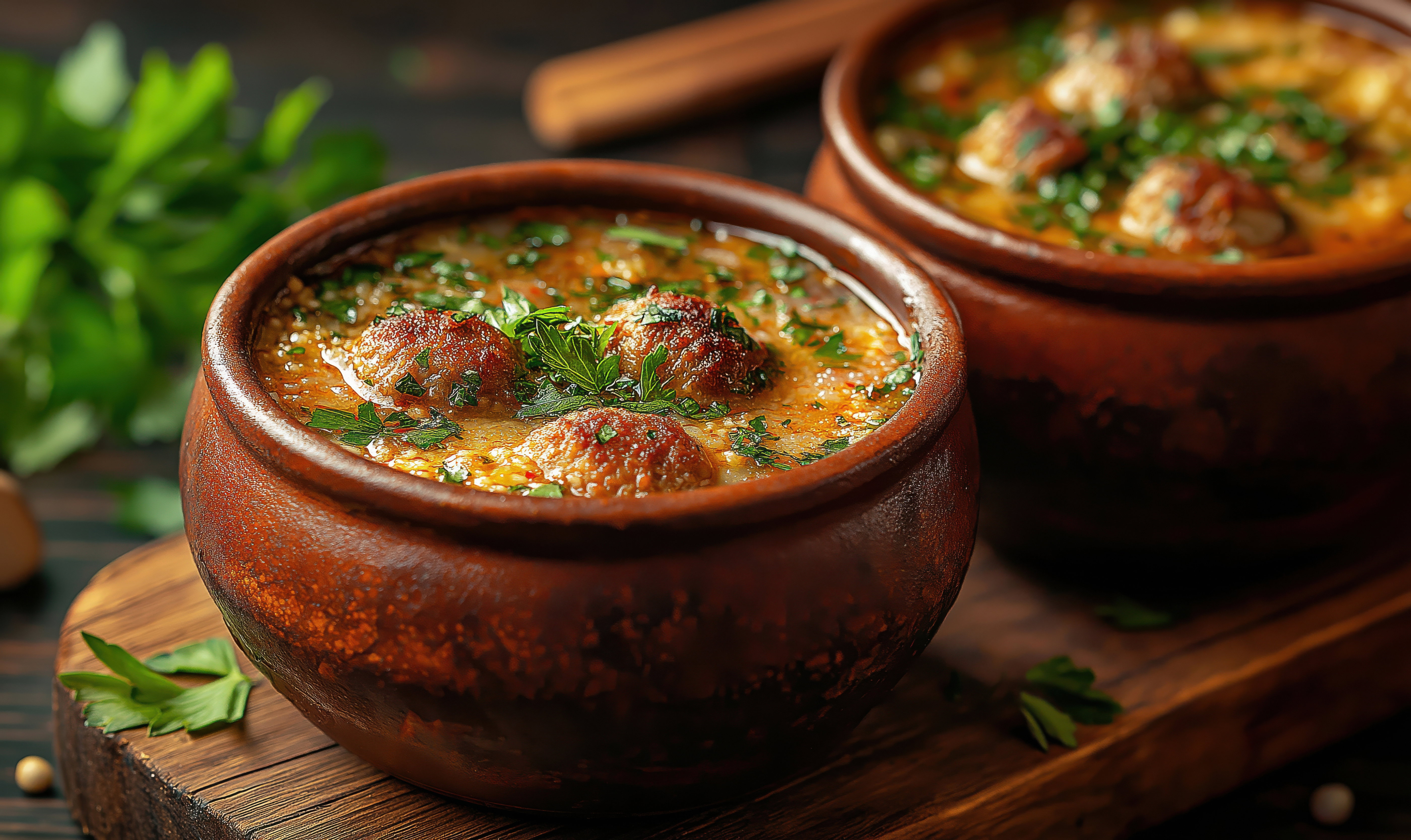 Delicious meatball soup served in rustic bowls garnished with fresh herbs.