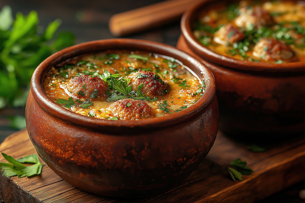 Delicious meatball soup served in rustic bowls garnished with fresh herbs.