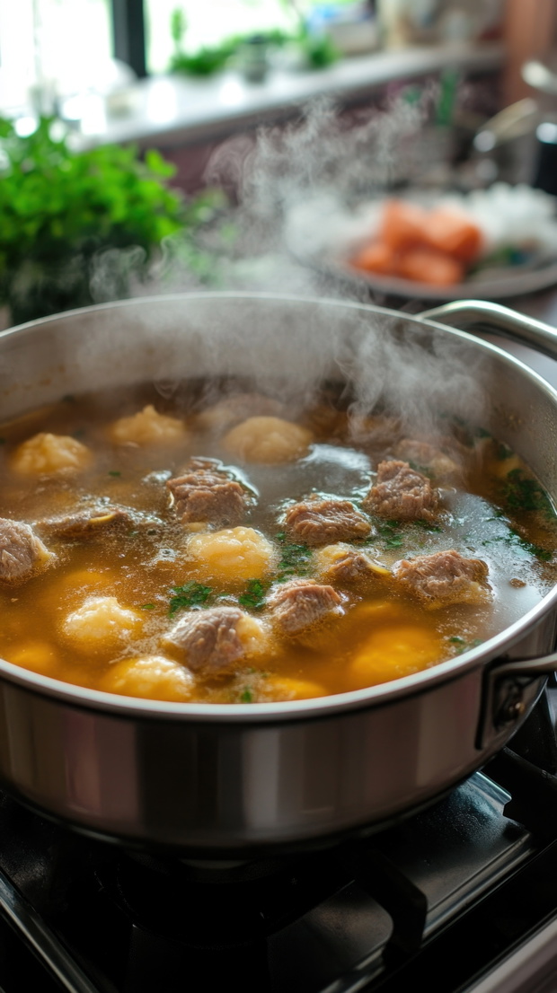 Steaming hot soup with meatballs and potatoes cooking on stove