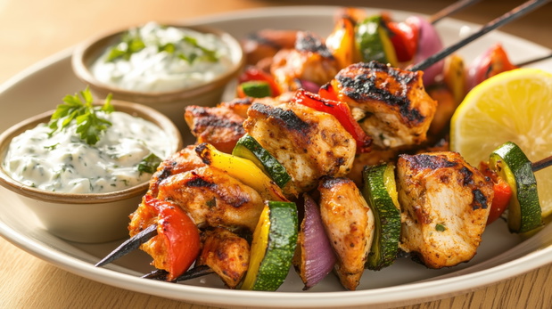 A plate of savory chicken kebabs served with tzatziki sauce and grilled vegetables, Kebabs on plate, Warm evening sunlight casting a golden hue