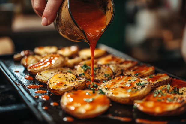 Hand pouring spicy sauce over roasted potato slices