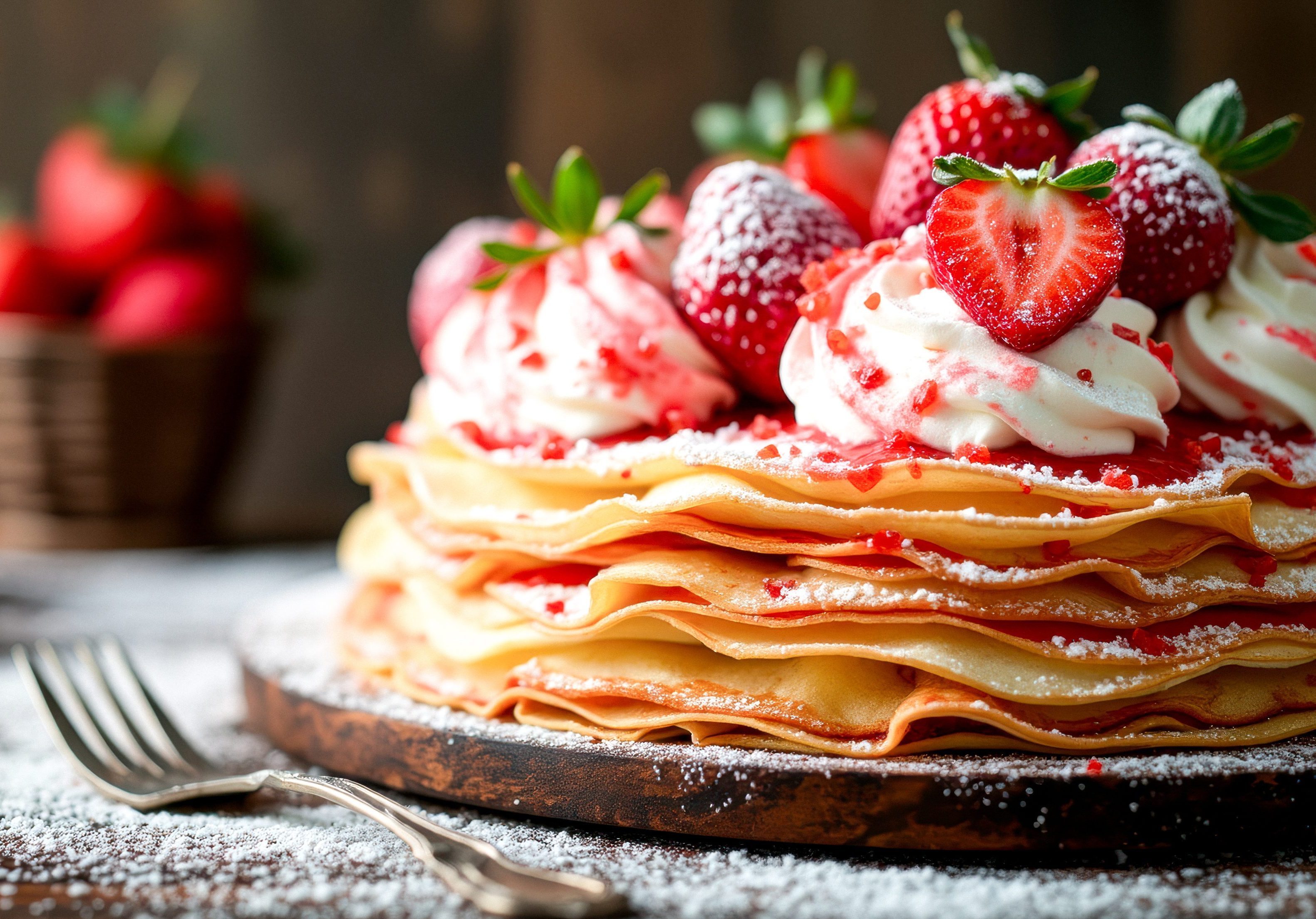 delectable crepe cake topped with fresh strawberries and whipped cream