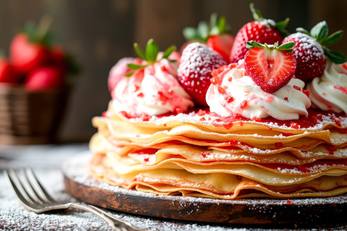 delectable crepe cake topped with fresh strawberries and whipped cream