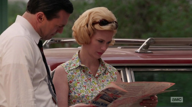 Los Angeles.CA.USA. Jon Hamm jako Don Draper i January Jones w roli Betty Francis, kadr z serialu Mad Men