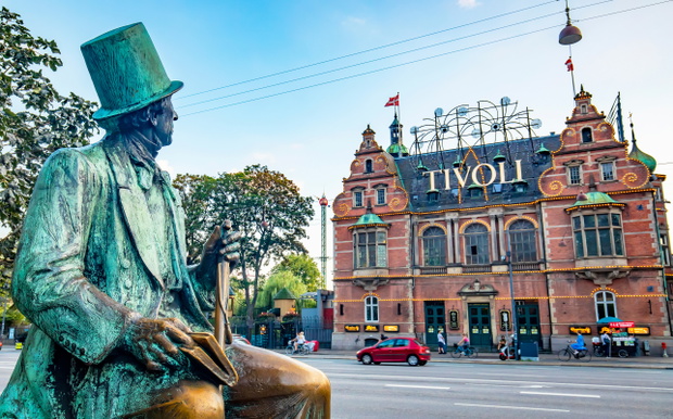 Tivoli Garden amusement park and Hans Christian Andersen sculptu