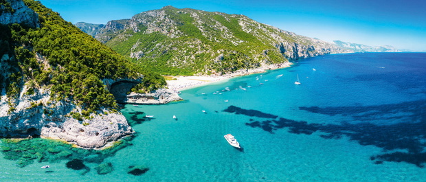 Aerial drone view of Cala Sisine beach in the Golf of Orosei, Sa