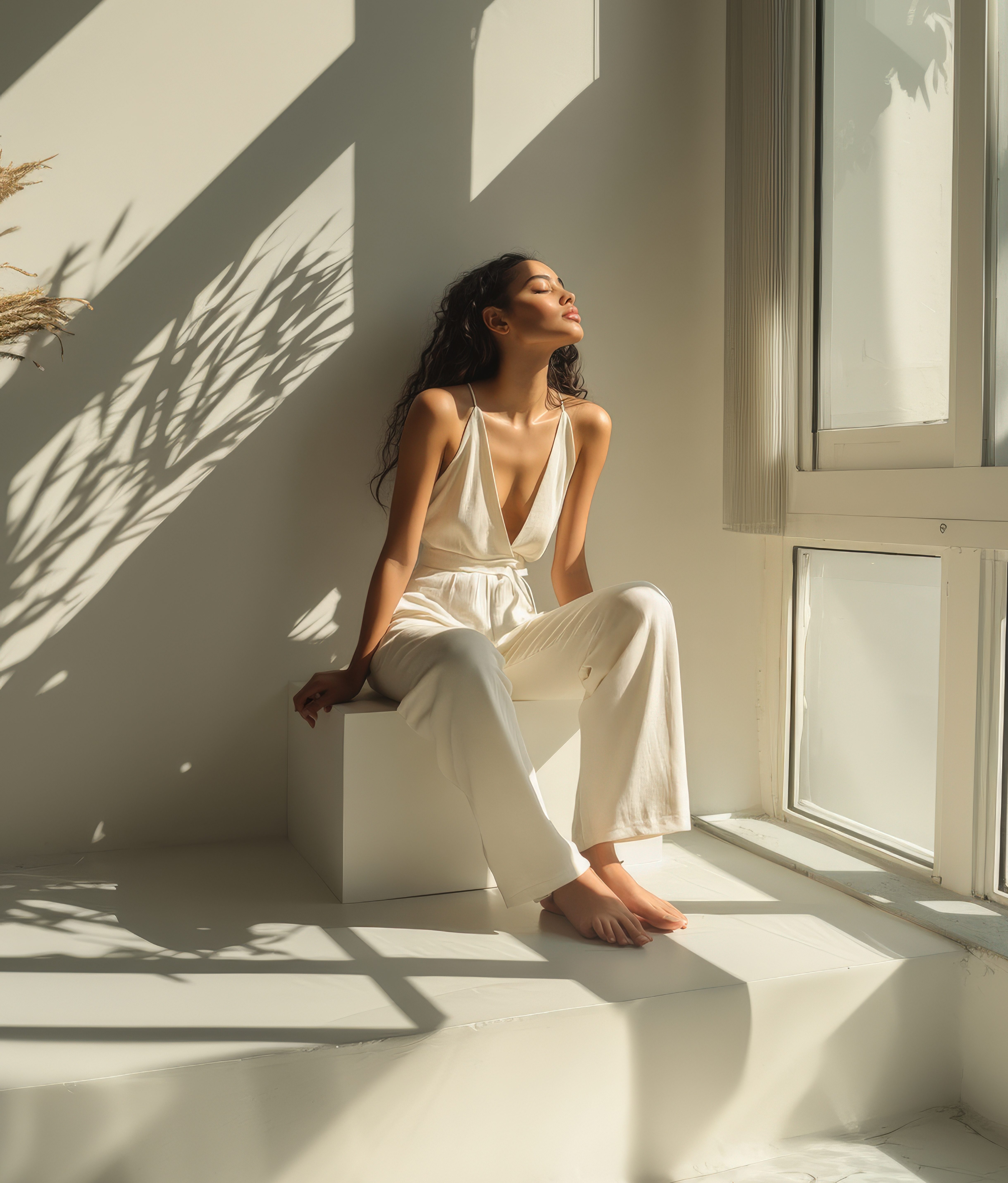 Young woman in a white outfit enjoying sunlight in a minimalist room with large windows