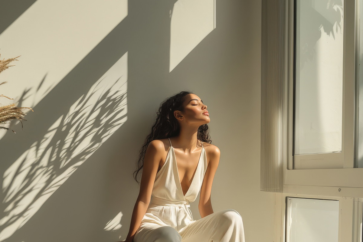 Young woman in a white outfit enjoying sunlight in a minimalist room with large windows