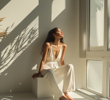 Young woman in a white outfit enjoying sunlight in a minimalist room with large windows