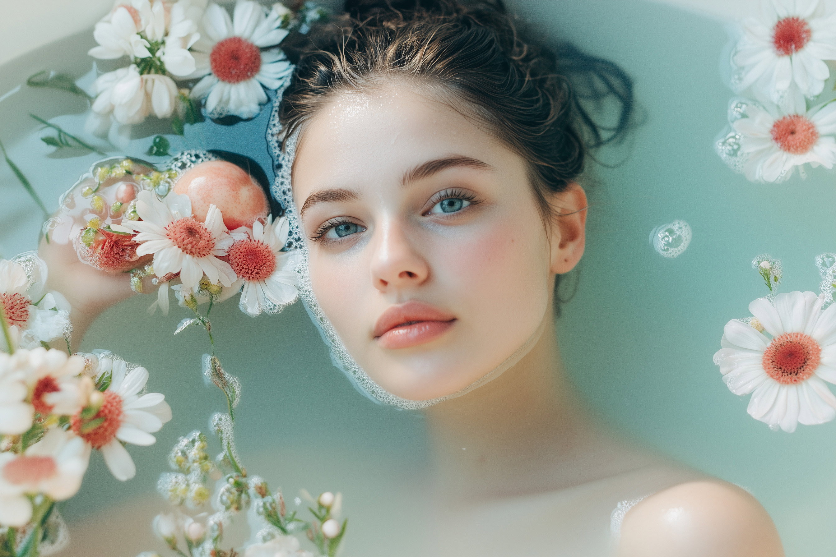 Sensual and beautiful woman taking a bath in a bathtub with flowers and fruits