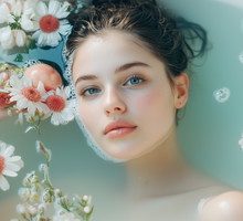 Sensual and beautiful woman taking a bath in a bathtub with flowers and fruits