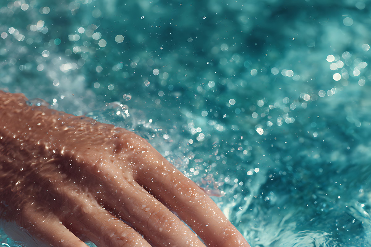 Sparkly turquoise nail polish on wet hand in shimmering blue water