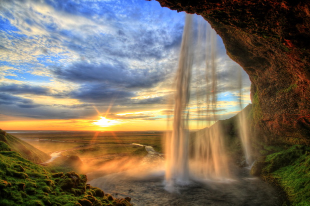 Seljalandfoss waterfall at sunset in HDR, Iceland