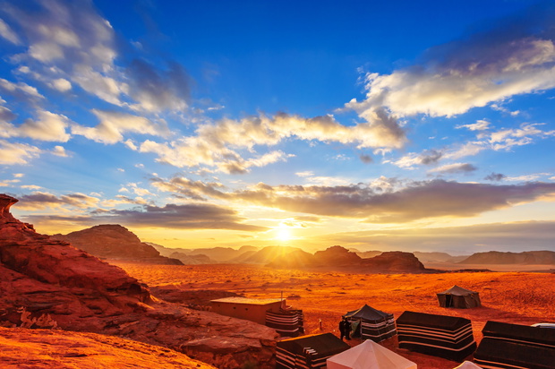 The Valley of the Moon in Wadi Rum, Jordan at sunset