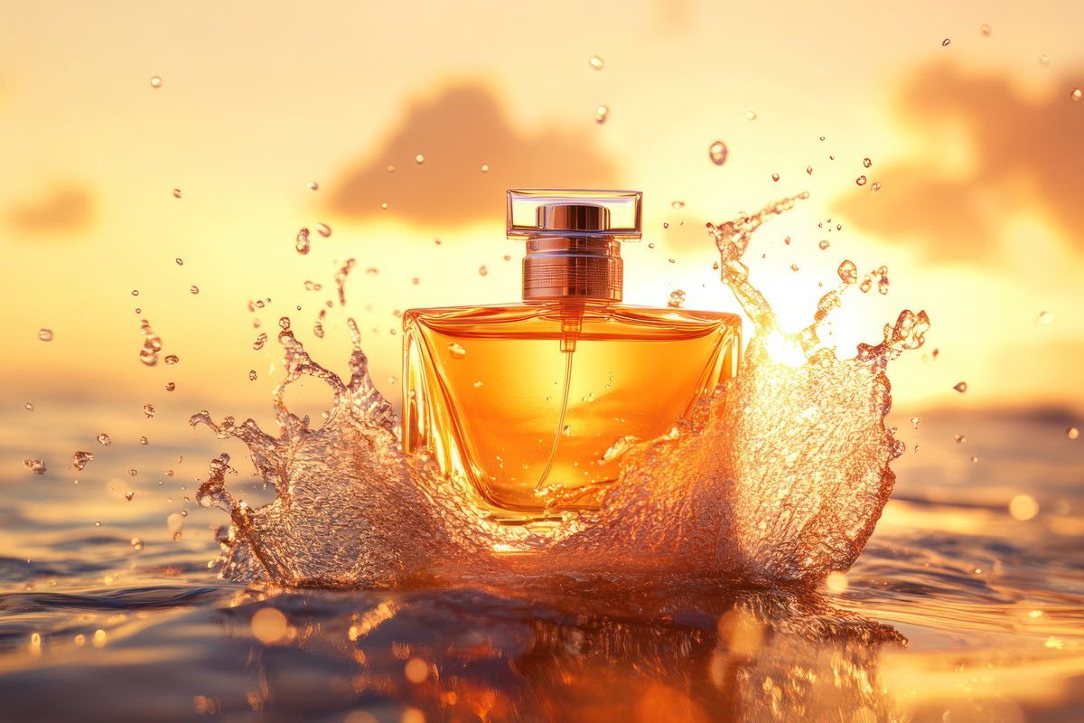 Sunset ocean perfume splash, beach summer fragrance ad