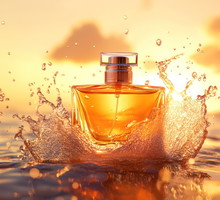 Sunset ocean perfume splash, beach summer fragrance ad