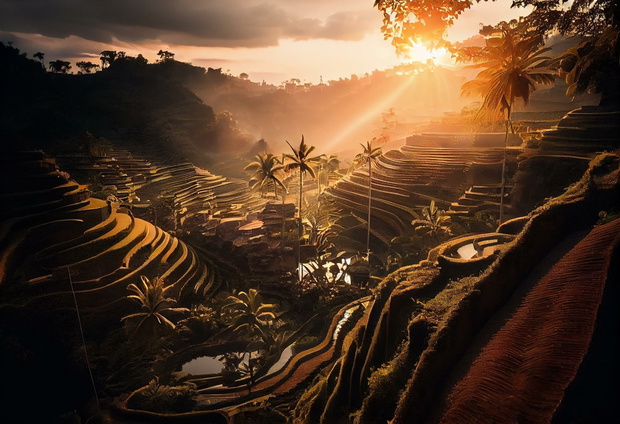 Beautiful sunrise over famous balinese landmark Tegalalang rice