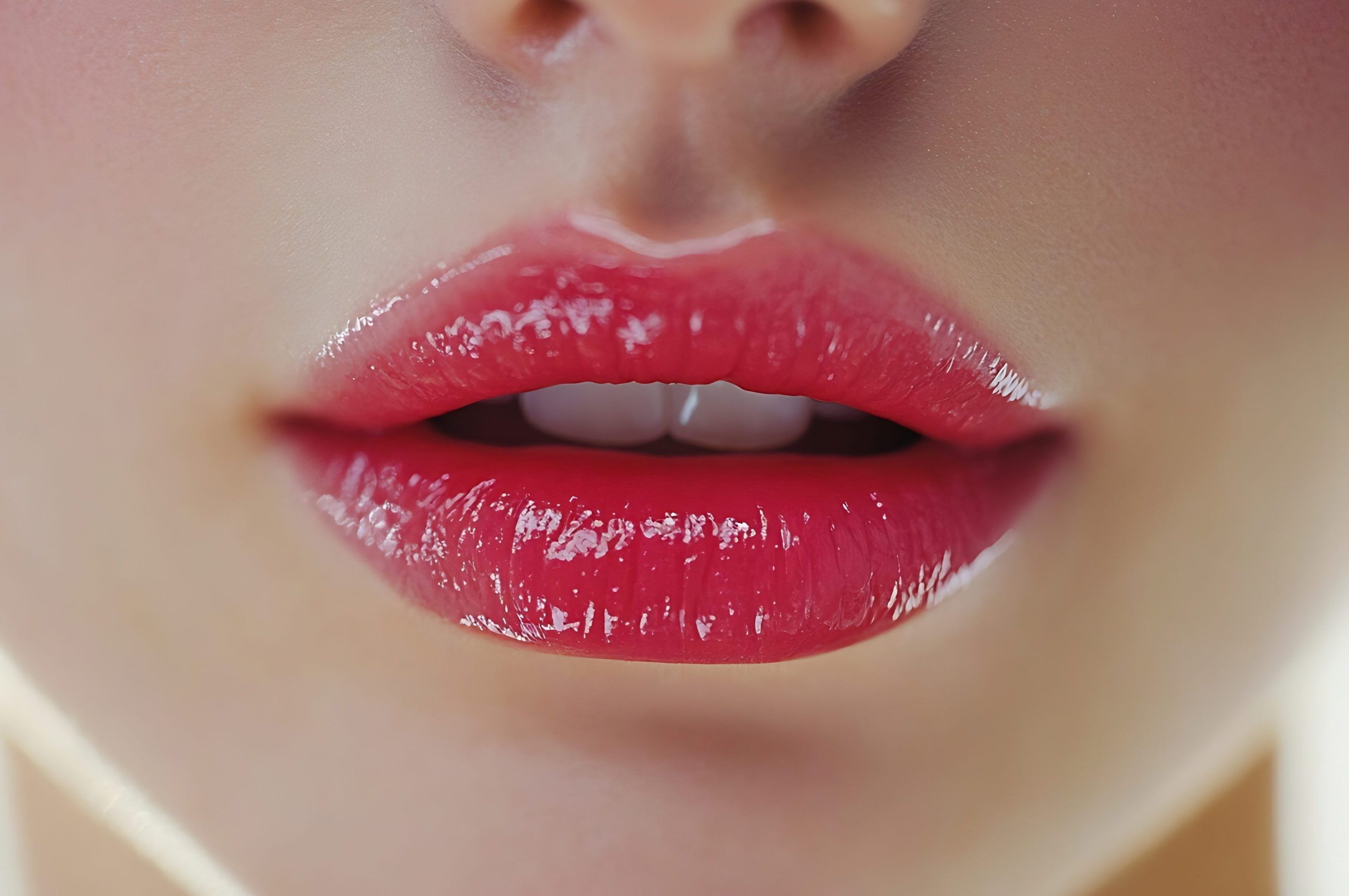 Sexual full lips Natural gloss of lips and womans skin The mouth is closed Increase in lips cosmetology Natural lips Great summer mood with open eyes fashion jewelry Pink lip gloss : Generative AI