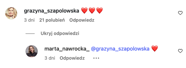Grażyna Szapołowska i Marta Nawrocka na Instagramie - wymiana uprzejmości