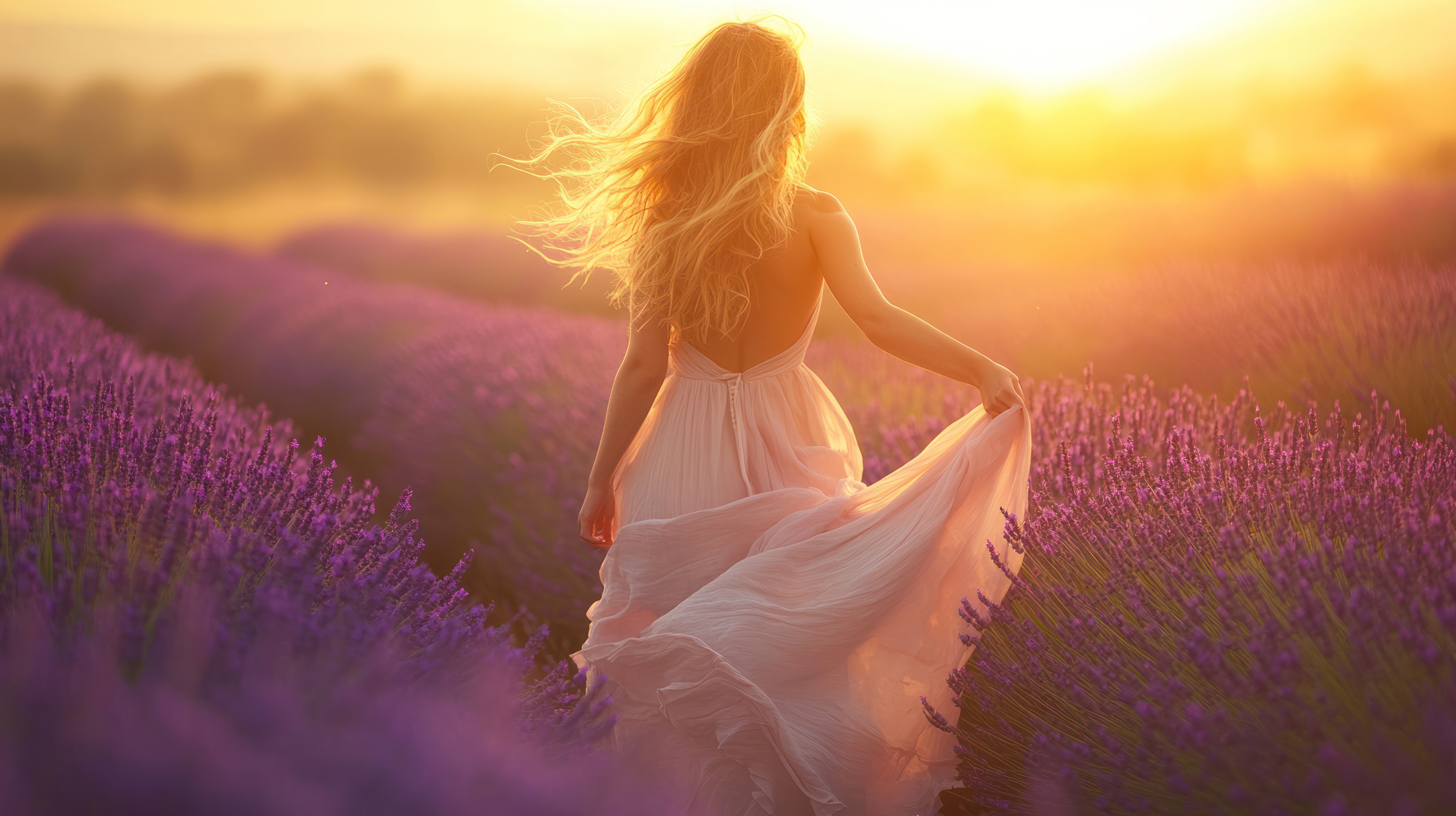 Happy woman back view with hat walking through in lavender flower filed