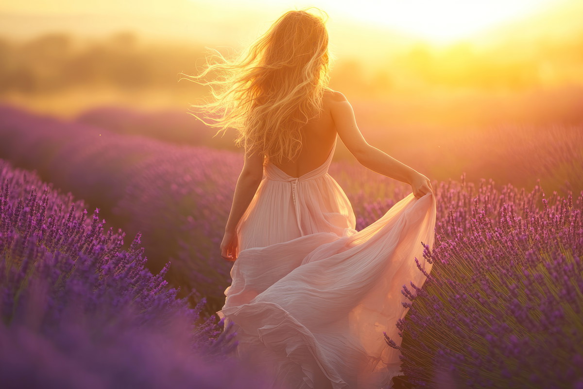 Happy woman back view with hat walking through in lavender flower filed