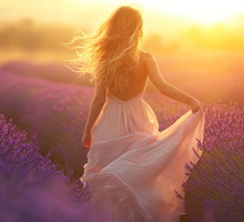 Happy woman back view with hat walking through in lavender flower filed