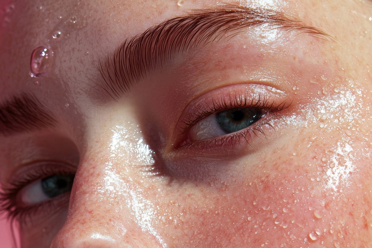 A woman's face is captured in a watery, pinkish hue