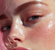 A woman's face is captured in a watery, pinkish hue