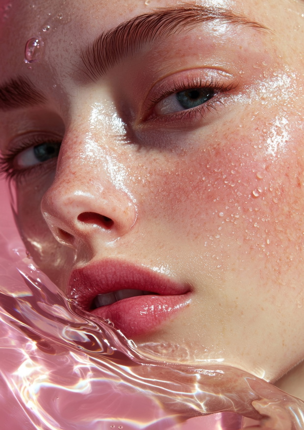 A woman's face is captured in a watery, pinkish hue