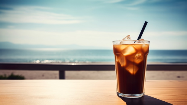 Iced cold coffee at the beach bar with blurred tropical seascape in the background, Generative AI