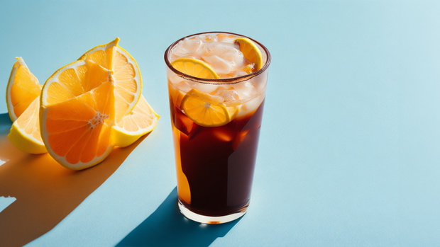 Trendy summer drink - espresso tonic on white background with shadow of sun. Cold coffee cocktail in summer sunny day. Coffee menu. Aesthetic composition with iced espresso and tonic cocktail