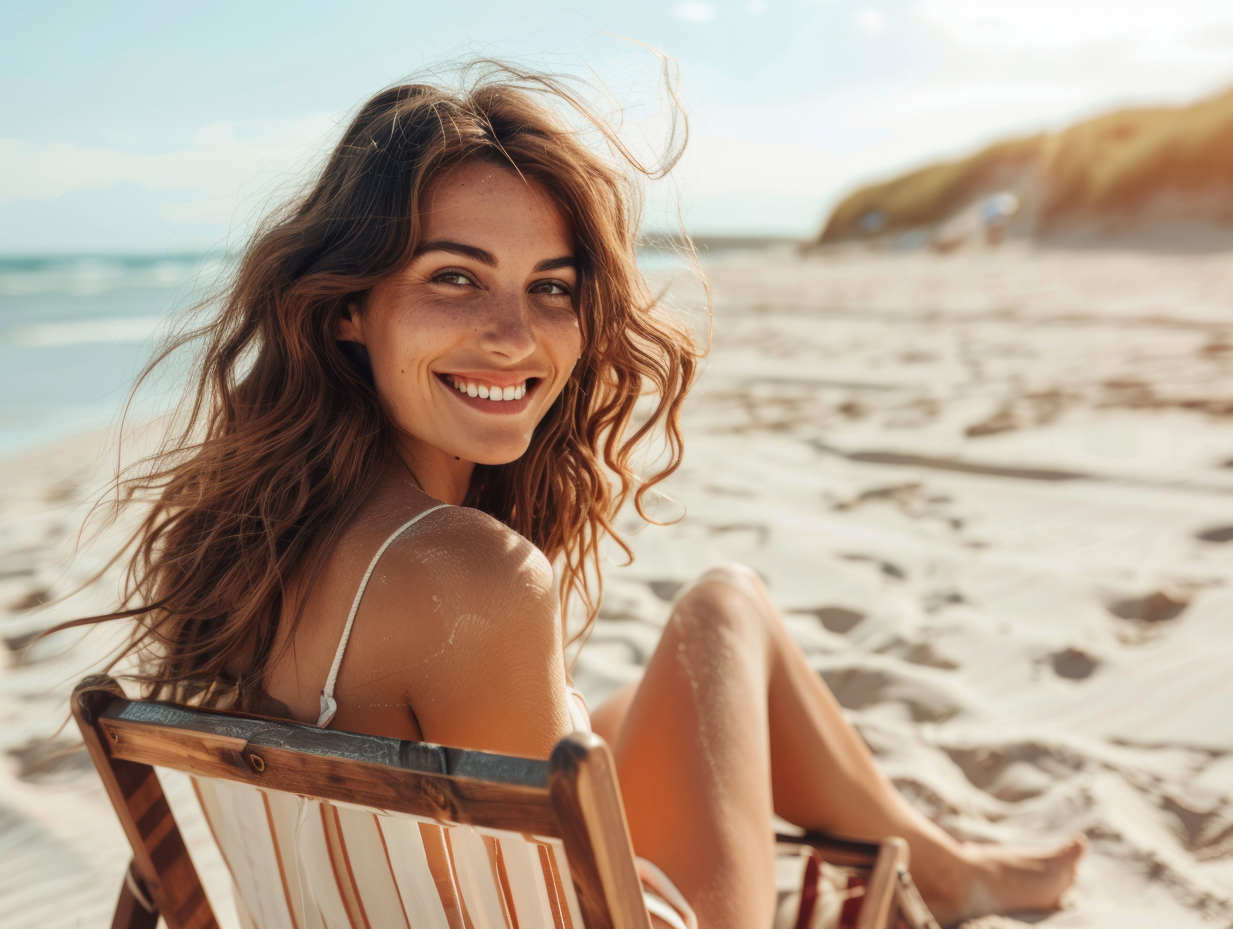 Happy smiling pretty young woman sitting on a deck chair on a sandy beach on a sunny day during summer holiday.