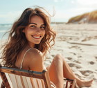 Happy smiling pretty young woman sitting on a deck chair on a sandy beach on a sunny day during summer holiday.