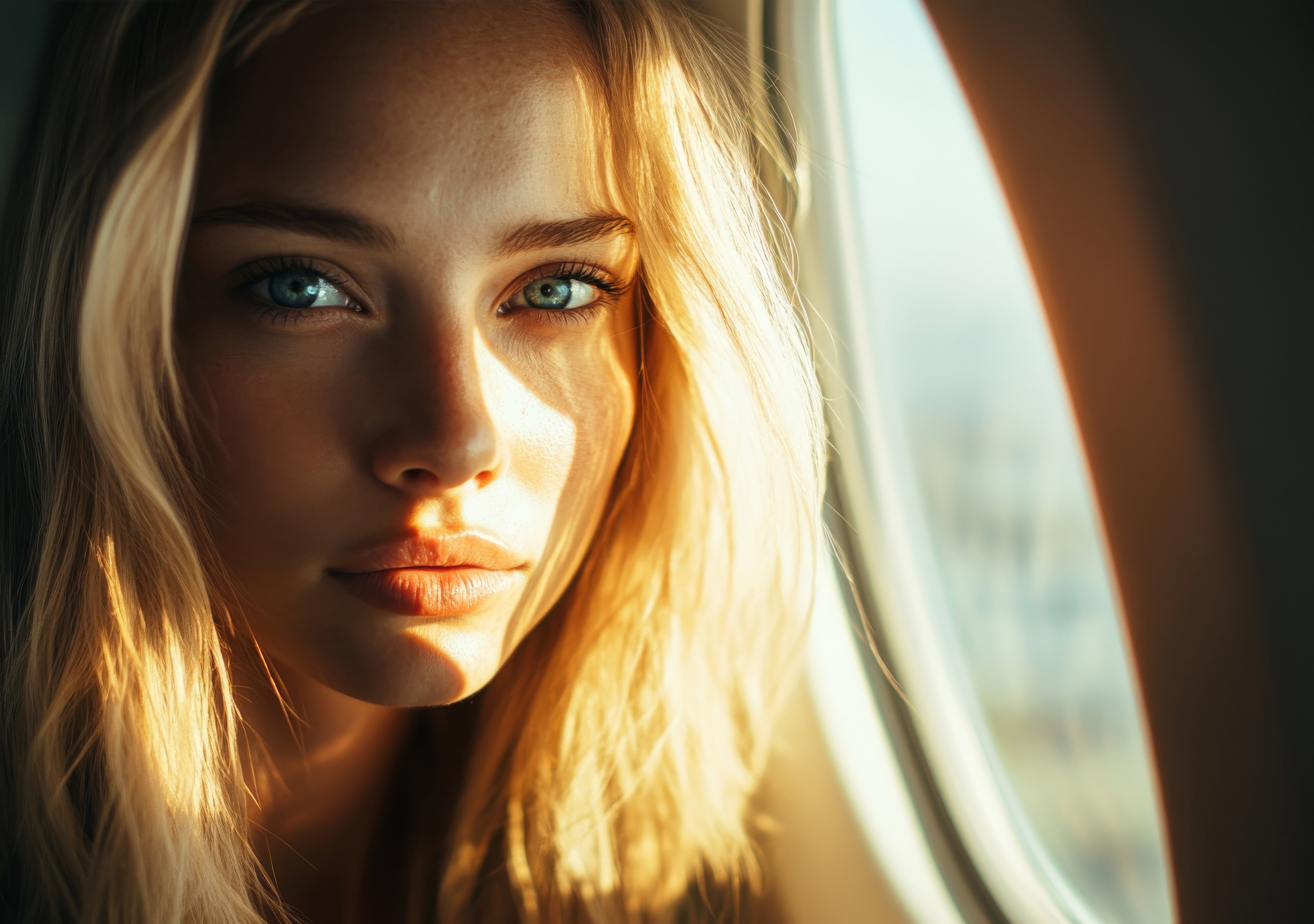 Beautiful blond woman with blue eyes, in the airplane window's sunlight on her face, portrait photography