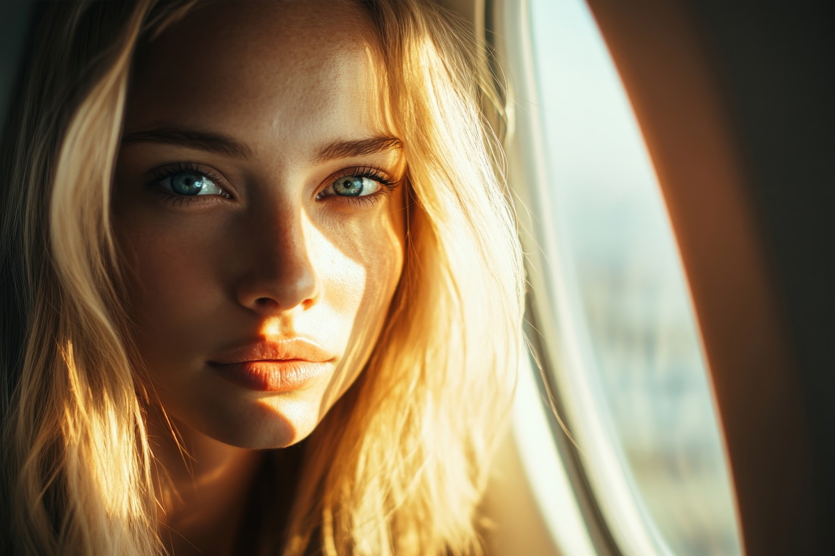 Beautiful blond woman with blue eyes, in the airplane window's sunlight on her face, portrait photography