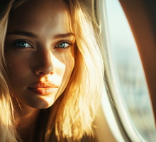 Beautiful blond woman with blue eyes, in the airplane window's sunlight on her face, portrait photography