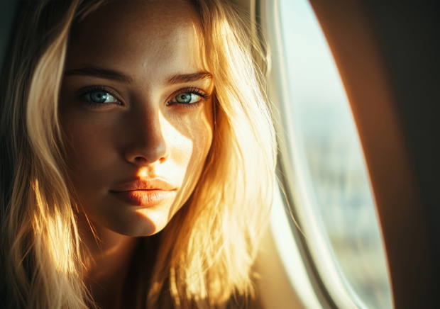 Beautiful blond woman with blue eyes, in the airplane window's sunlight on her face, portrait photography