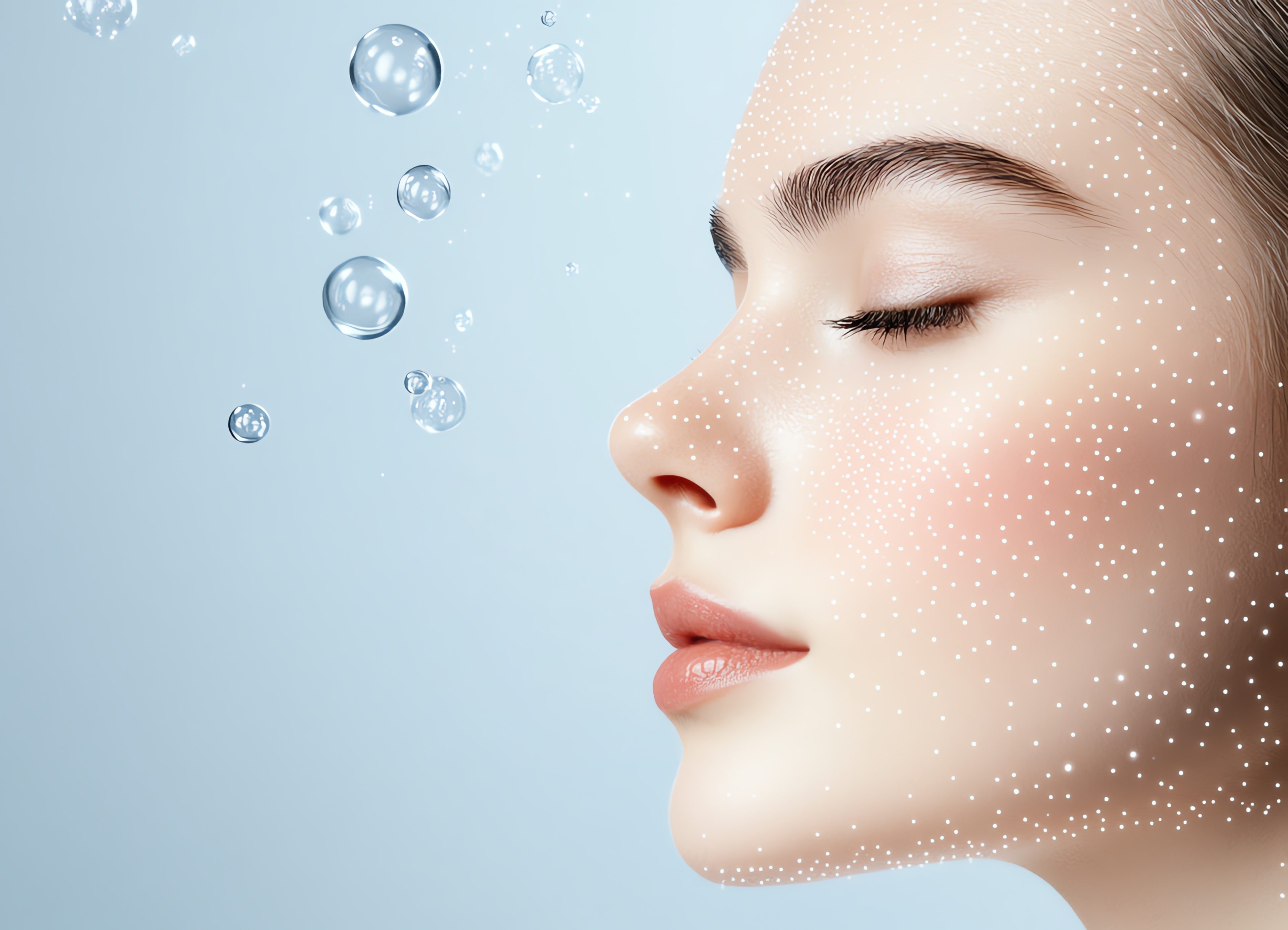 Skincare science represented by floating molecules and glowing skin types