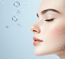 Skincare science represented by floating molecules and glowing skin types