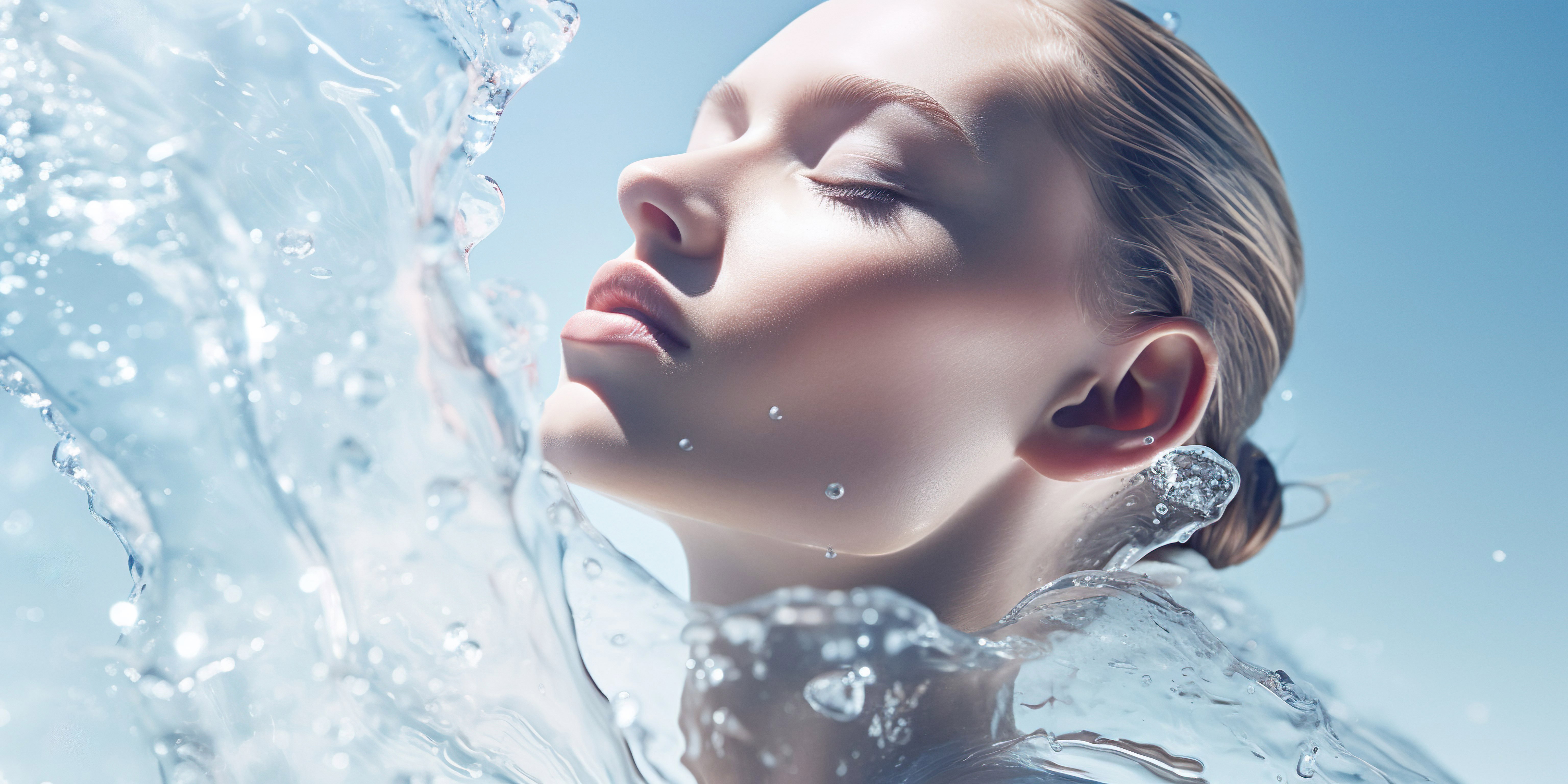 A joyful and refreshing underwater close-up of a beautiful young woman's face as she enjoys the calm and peacefulness of the clear blue sea. Her skin is hydrated and glowing with serenity.
