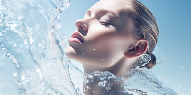 A joyful and refreshing underwater close-up of a beautiful young woman's face as she enjoys the calm and peacefulness of the clear blue sea. Her skin is hydrated and glowing with serenity.