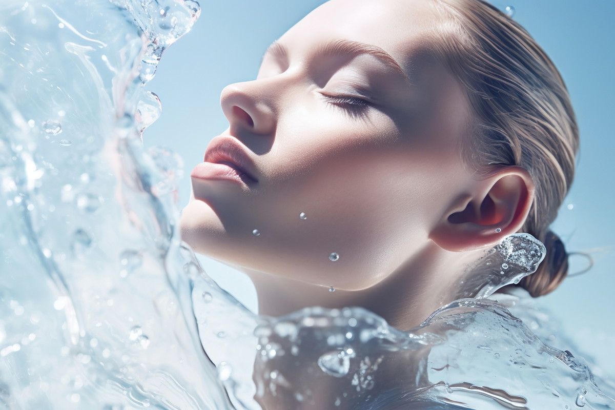 A joyful and refreshing underwater close-up of a beautiful young woman's face as she enjoys the calm and peacefulness of the clear blue sea. Her skin is hydrated and glowing with serenity.