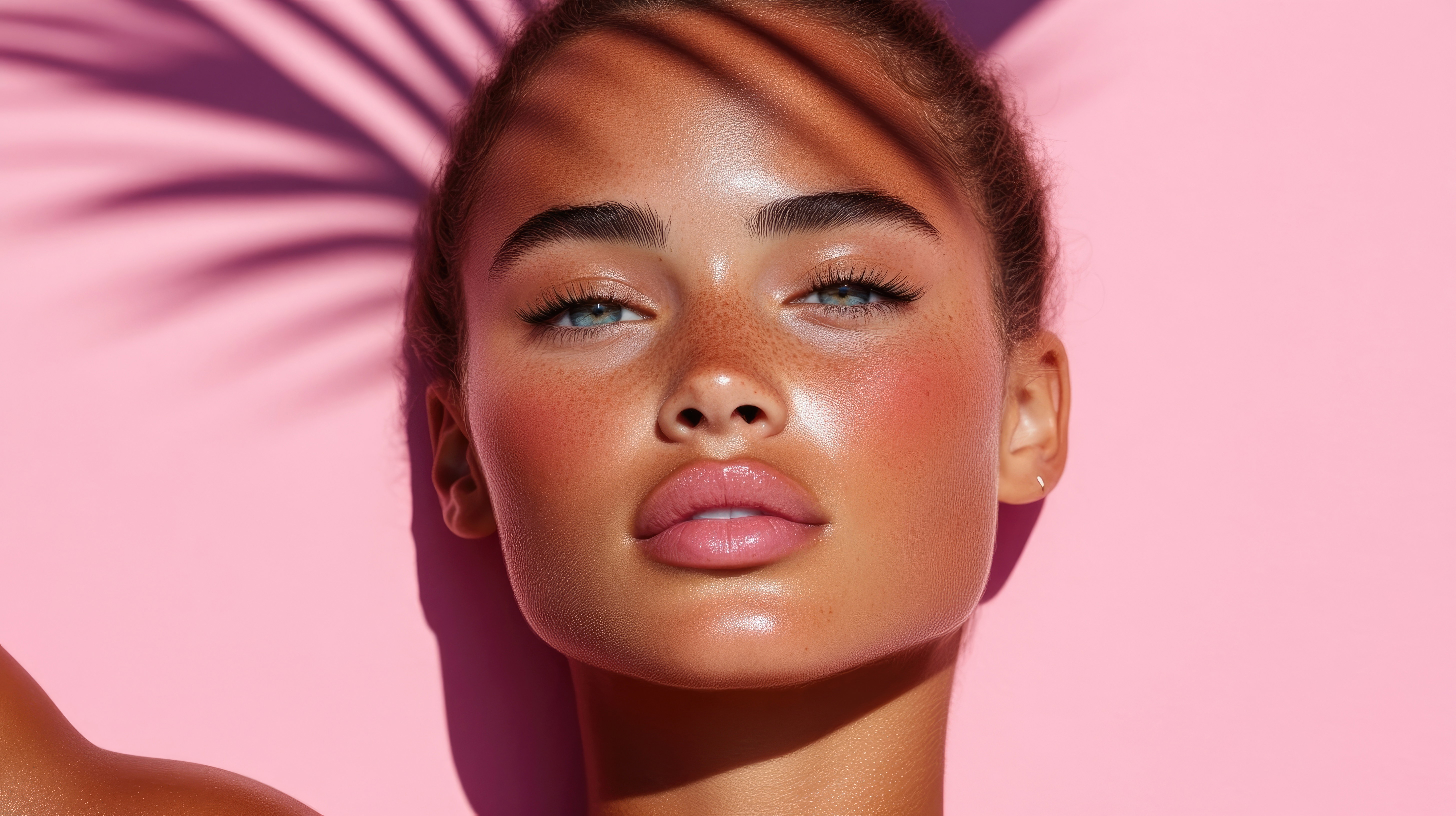 Radiant sun-kissed skin,  relaxed pose, tropical shadow