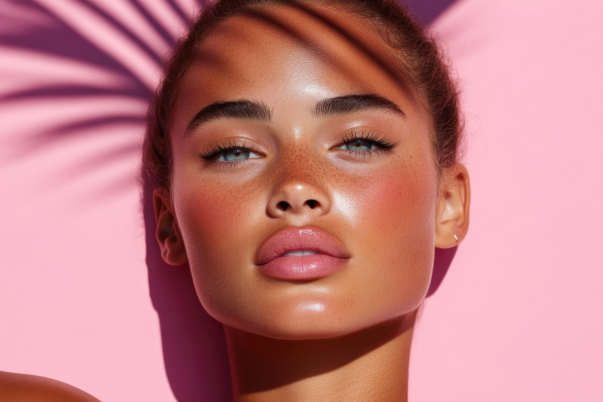 Radiant sun-kissed skin, relaxed pose, tropical shadow