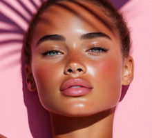 Radiant sun-kissed skin, relaxed pose, tropical shadow