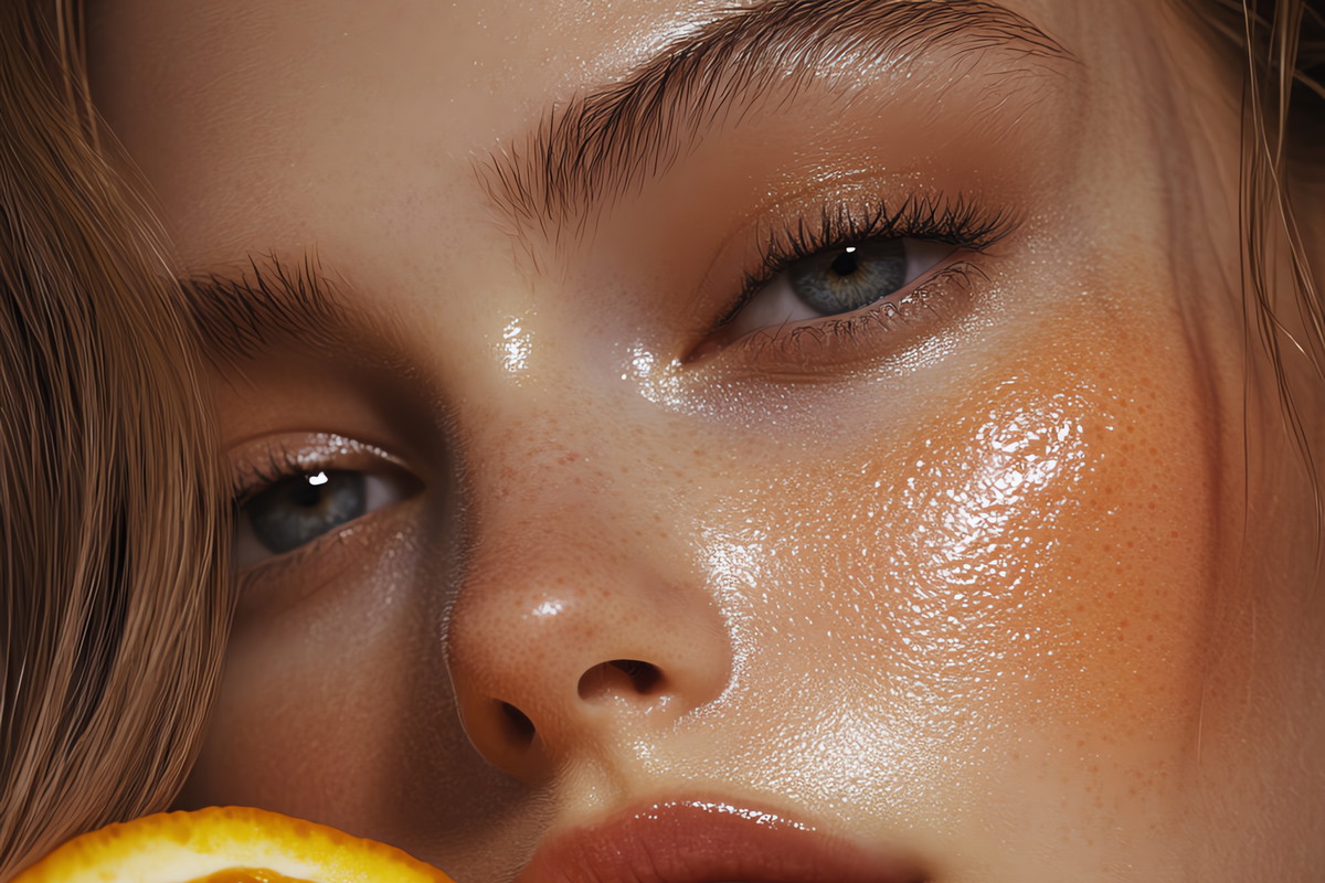 Woman holding orange slice, glowing skin.